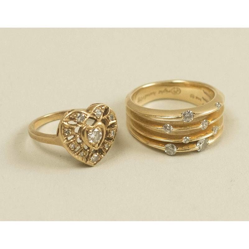 Appraisal: Two Gold and Diamond Rings One heart shaped gold and