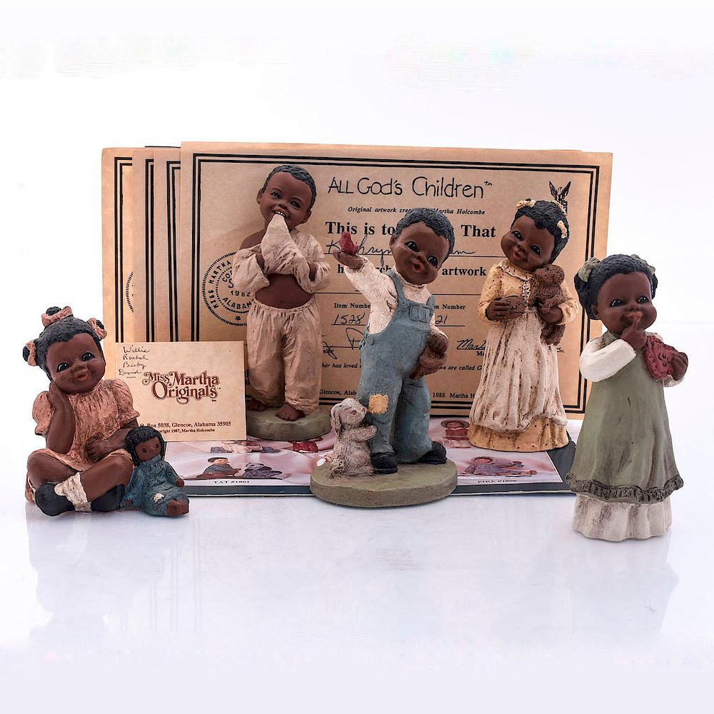 Appraisal: MARTHA HOLCOMBE CARVED WOOD FIGURINES All Gods Children with corporate