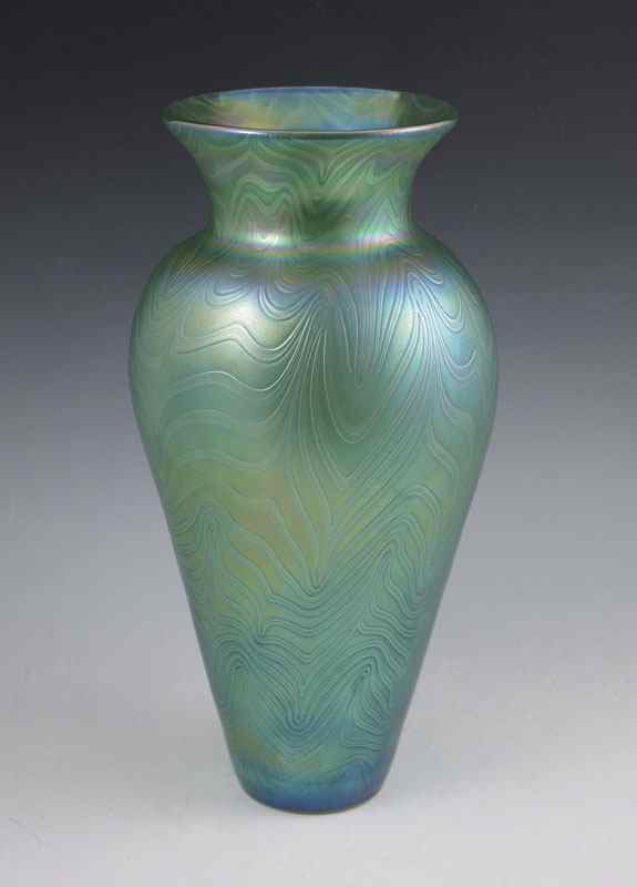 Appraisal: MULLER IRIDESCENT ART GLASS VASE Iridescent blue and green pulled