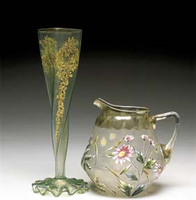 Appraisal: GLASS PITCHER AND VASE Czechoslovakian pitcher in satin and glazed