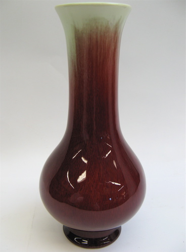 Appraisal: CALIFORNIA CATALINA POTTERY ROUGE FLAMBE VASE variegated glaze with off-white