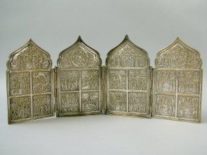 Appraisal: A Russian bronze silvered quadriptych th century the four arch