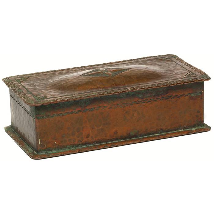 Appraisal: Roycroft box attribution hammered copper with tooled designs on lid