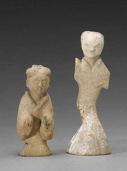 Appraisal: Two gray pottery funerary figures Han Dynasty One a seated