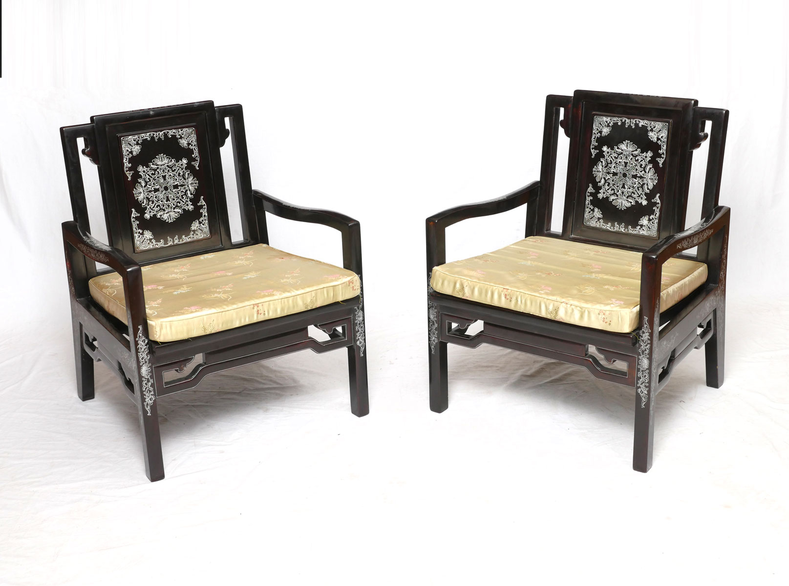 Appraisal: PAIR OF CHINESE LACQUERED ARMCHAIRS black lacquered armchairs having an