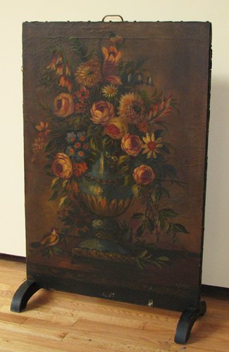 Appraisal: Title Painted Floral Fire Screen and Fabric Covered Faux Needlepoint