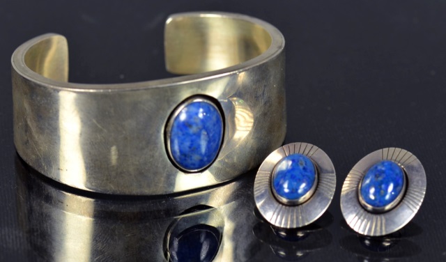 Appraisal: Norbert Johnson Navajo Cuff BraceletHeavy sterling signed with Lapis cabochon