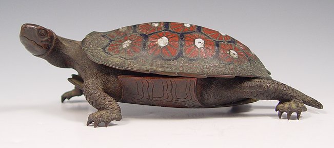 Appraisal: JAPANESE BRONZE CHAMPLEVE TURTLE BOX Champleve back with hinged lid