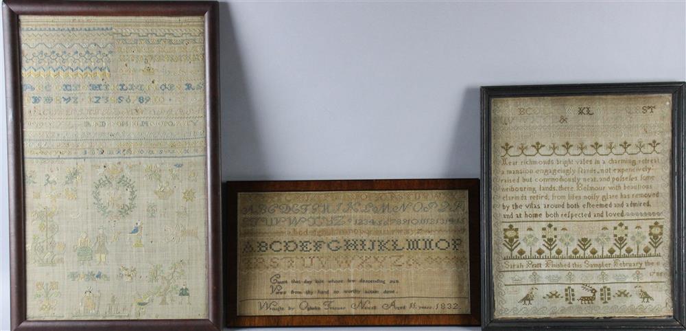 Appraisal: THREE ANTIQUE SAMPLERS DATED AND the first signed by Sarah