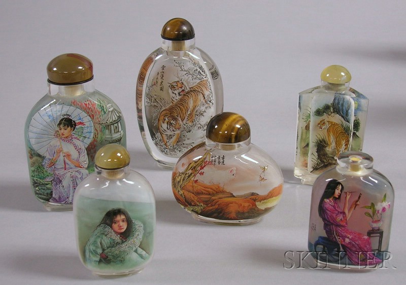 Appraisal: Six Boxed Glass Snuff Bottles two depicting tigers and three