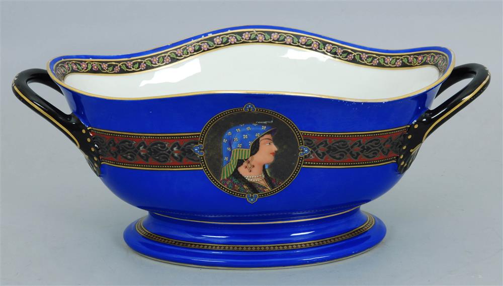 Appraisal: CONTINENTAL PORCELAIN BLUE GROUND TWO-HANDLED OVAL BOWL late th Century