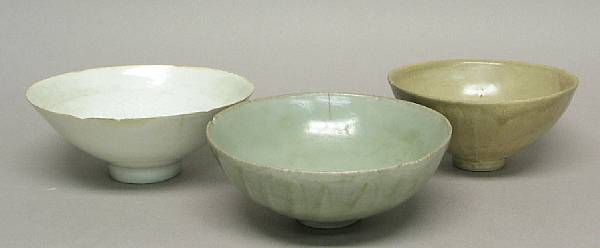 Appraisal: Three celadon glazed bowls Including one qingbai glazed porcelain bowl