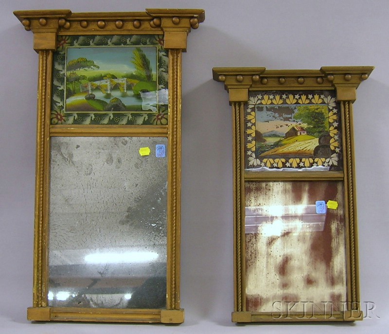 Appraisal: Two Gold-painted Federal Tabernacle Mirrors with Reverse-painted Glass Tablets depicting