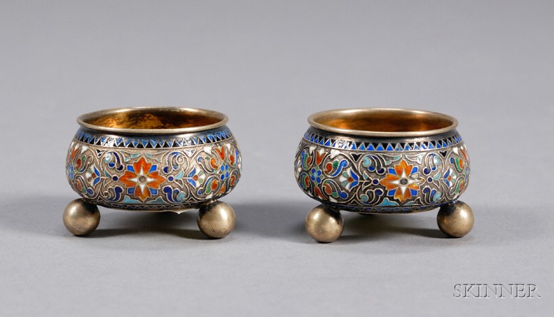 Appraisal: Pair of Scandinavian Goldwashed Silver and Enamel Individual Open Salts