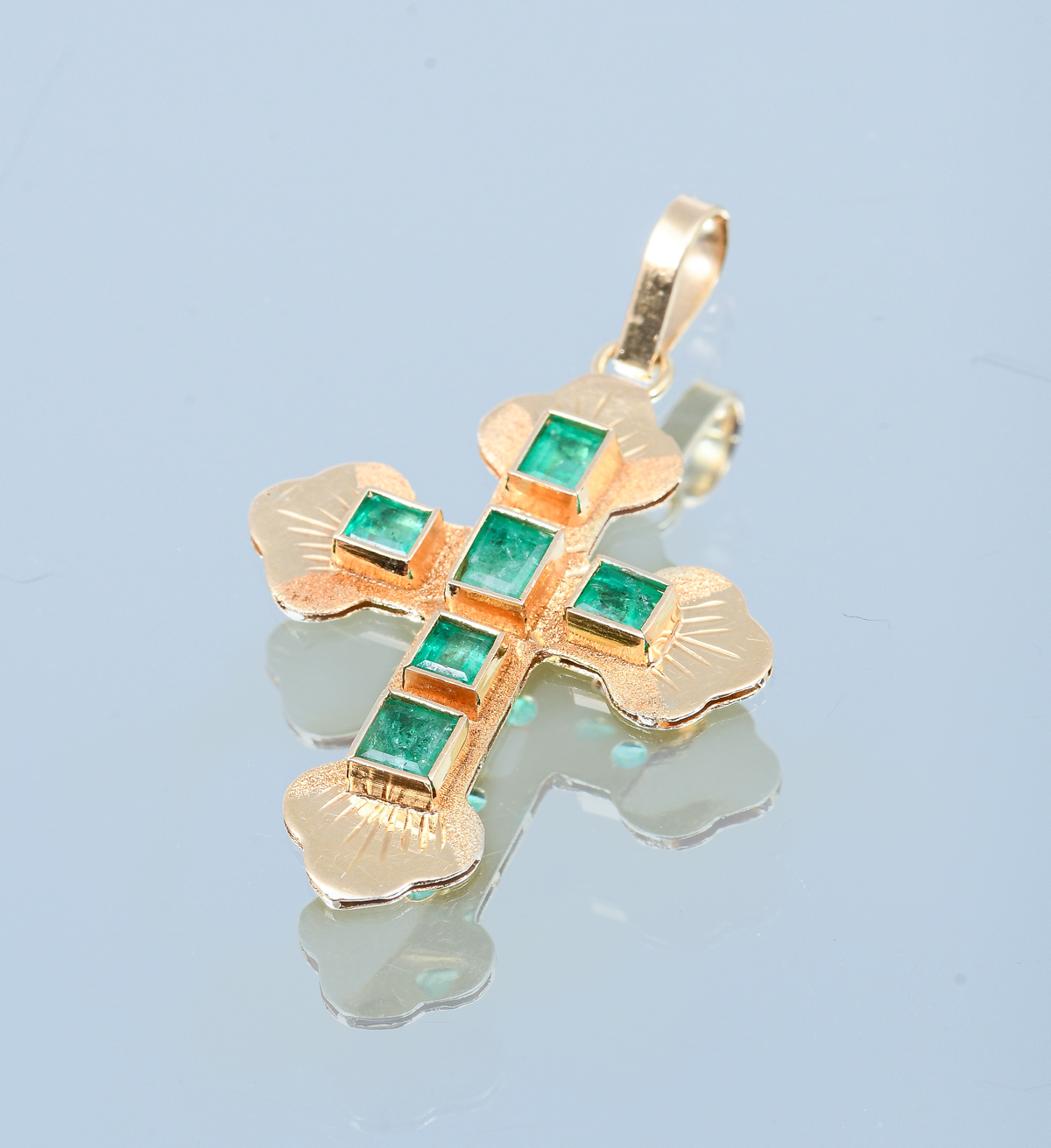 Appraisal: MID CENTURY K EMERALD CROSS PENDANT emeralds are set in