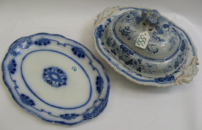 Appraisal: TWO ENGLISH BLUE AND WHITE TABLE ACCESSORIES an oval covered