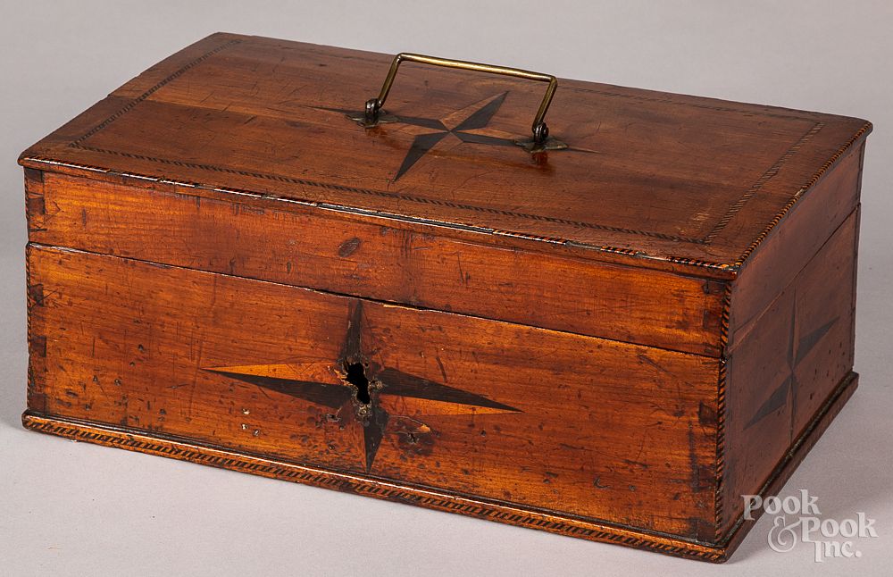 Appraisal: Star inlaid cherrywood lock box early th c Star inlaid