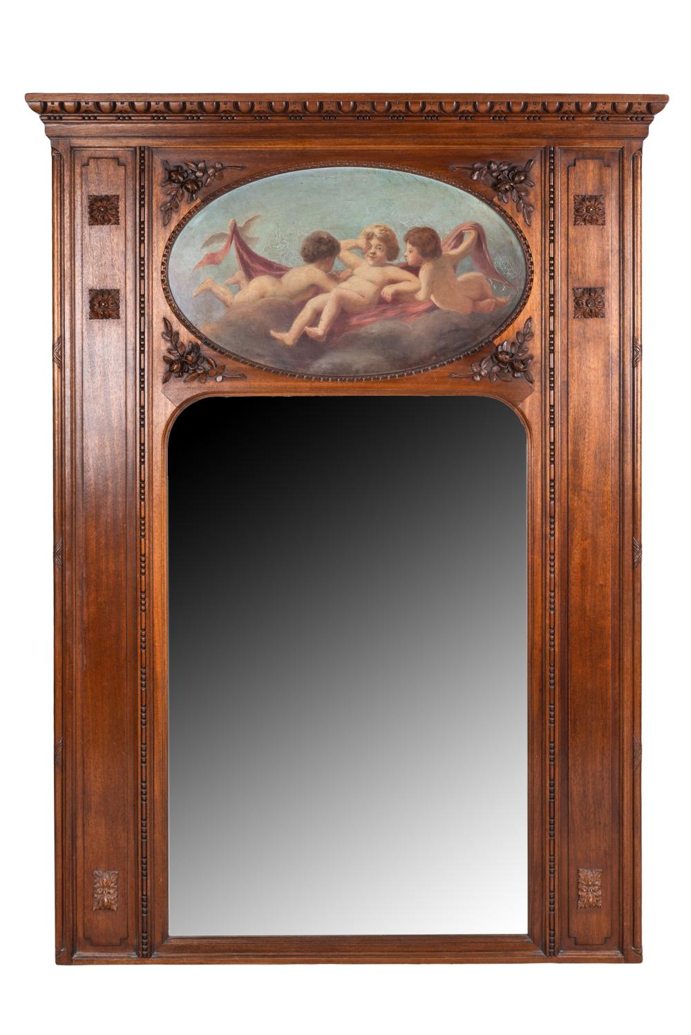 Appraisal: FRENCH WALNUT TRUMEAU MIRRORpainting on panel Condition craquelure and wear