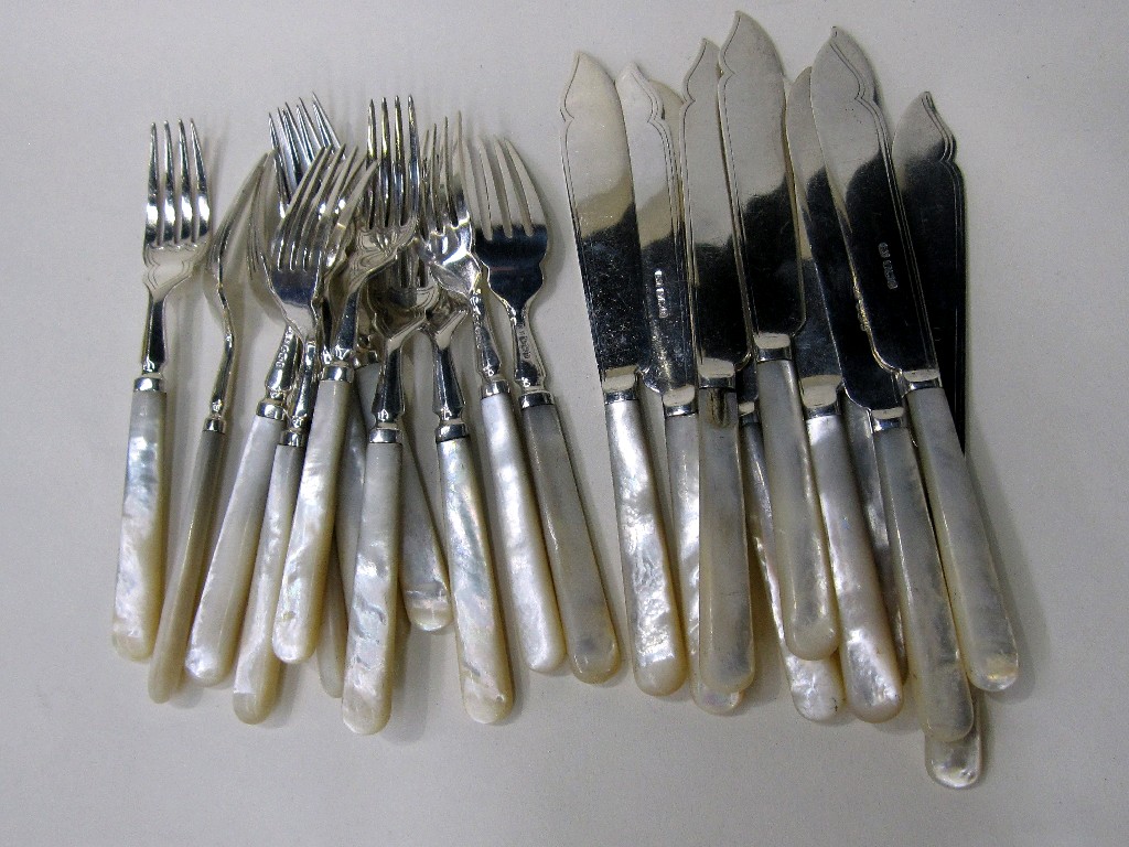 Appraisal: Part silver and mother of pearl fish cutlery set twelve