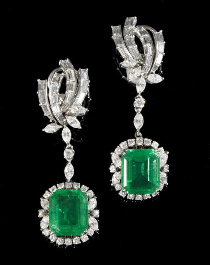 Appraisal: Pair of Eighteen-Karat White Gold Diamond and Synthetic Emerald Triplet