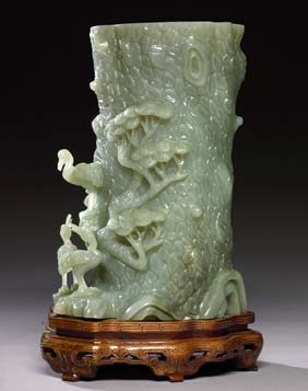 Appraisal: CARVED CELADON JADE BRUSH POT Very elaborately carved Chinese celadon