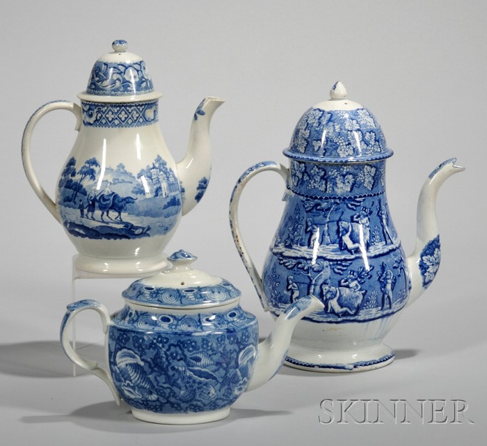 Appraisal: Three English Blue and White Transfer-decorated Staffordshire Tea and Coffeepots