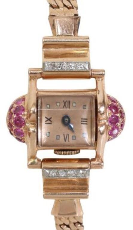 Appraisal: Estate Retro kt rose gold tested lady's wristwatch rectangular dial