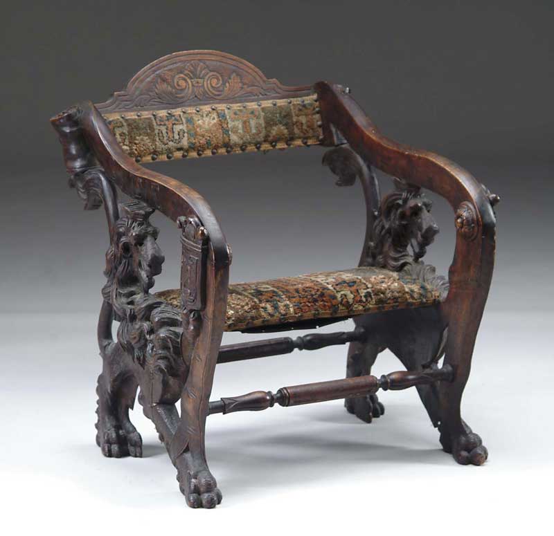 Appraisal: INTERESTING LION CARVED ARMCHAIR The open style armchair has Oriental