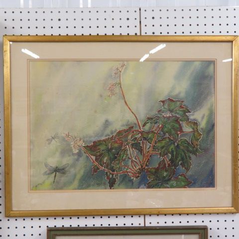 Appraisal: Grey Saunders watercolor dragonflies flowering plant image area x Sarasota