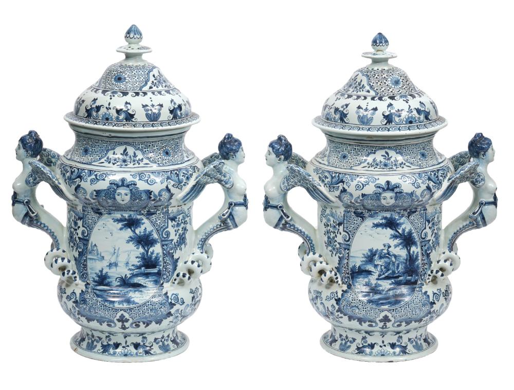 Appraisal: MONUMENTAL PAIR DELFT URNS BY WILLEM VAN DER KOOLA Pair