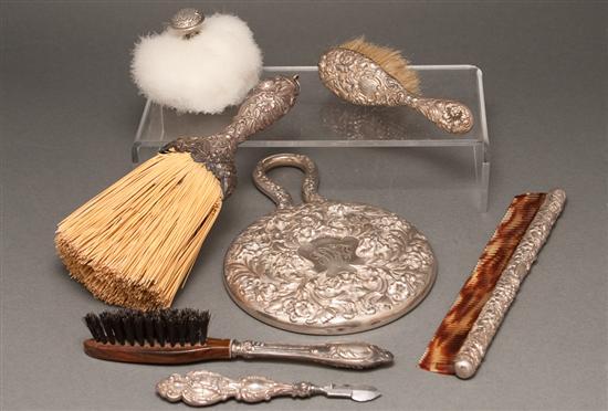 Appraisal: Assortment of repousse silver vanity items including a Gorham hand