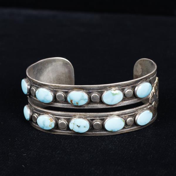 Appraisal: Vintage Native American Old Pawn Sterling Silver Turquoise Double Cuff