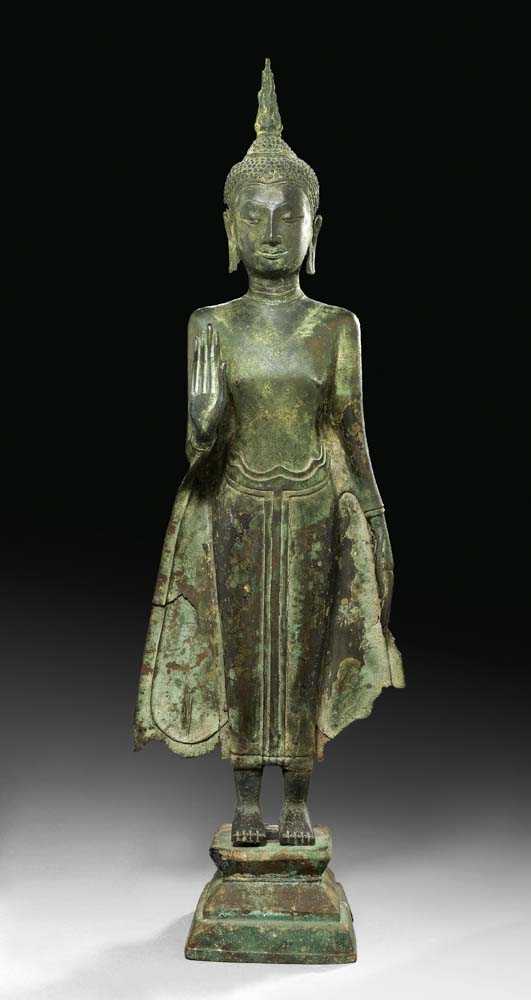 Appraisal: BRONZE FIGURE OF STANDING BUDDHA Thailand U-Thong B style th