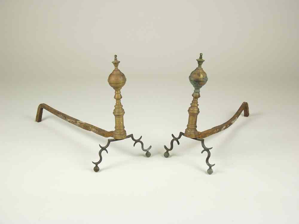 Appraisal: ANDIRONS - Pair of early th C brass ball and