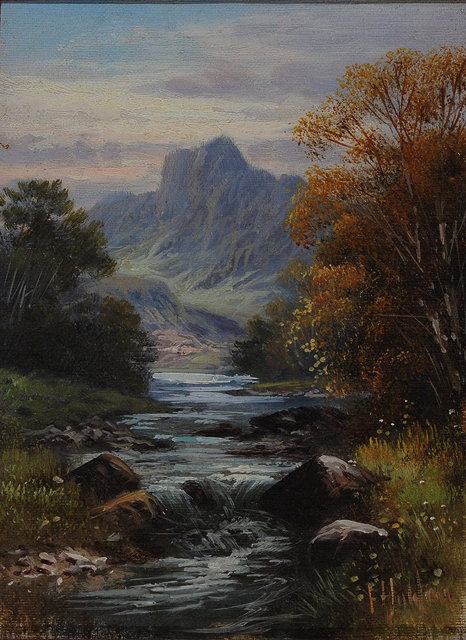 Appraisal: FRANK HIDER - Mountainous river landscape signed oil on canvas