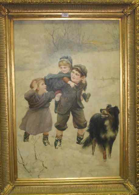 Appraisal: TH CENTURY DECORATIVE OILChildren playing in the snow with a