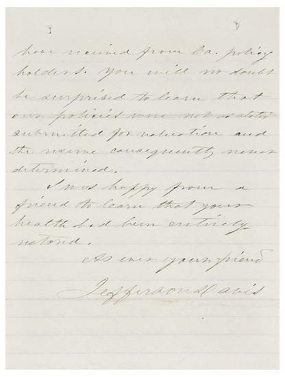 Appraisal: DAVIS Jefferson - Autograph letter signed discussing the bankruptcy of