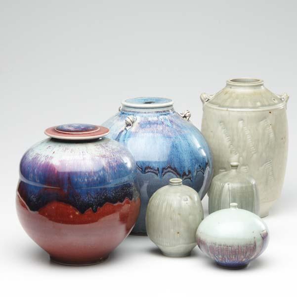 Appraisal: TOM TURNER Six porcelain vessels three covered in ash glazes