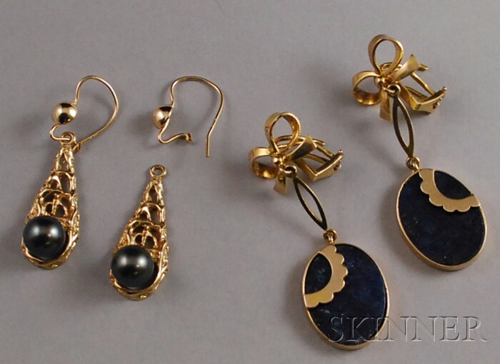 Appraisal: Two Pairs of kt Gold and Stone Earpendants one pearl