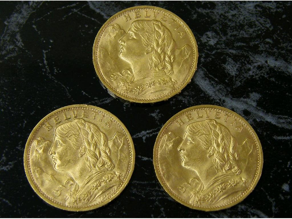 Appraisal: Three Swiss Helvetia franc gold coins each dated each gm