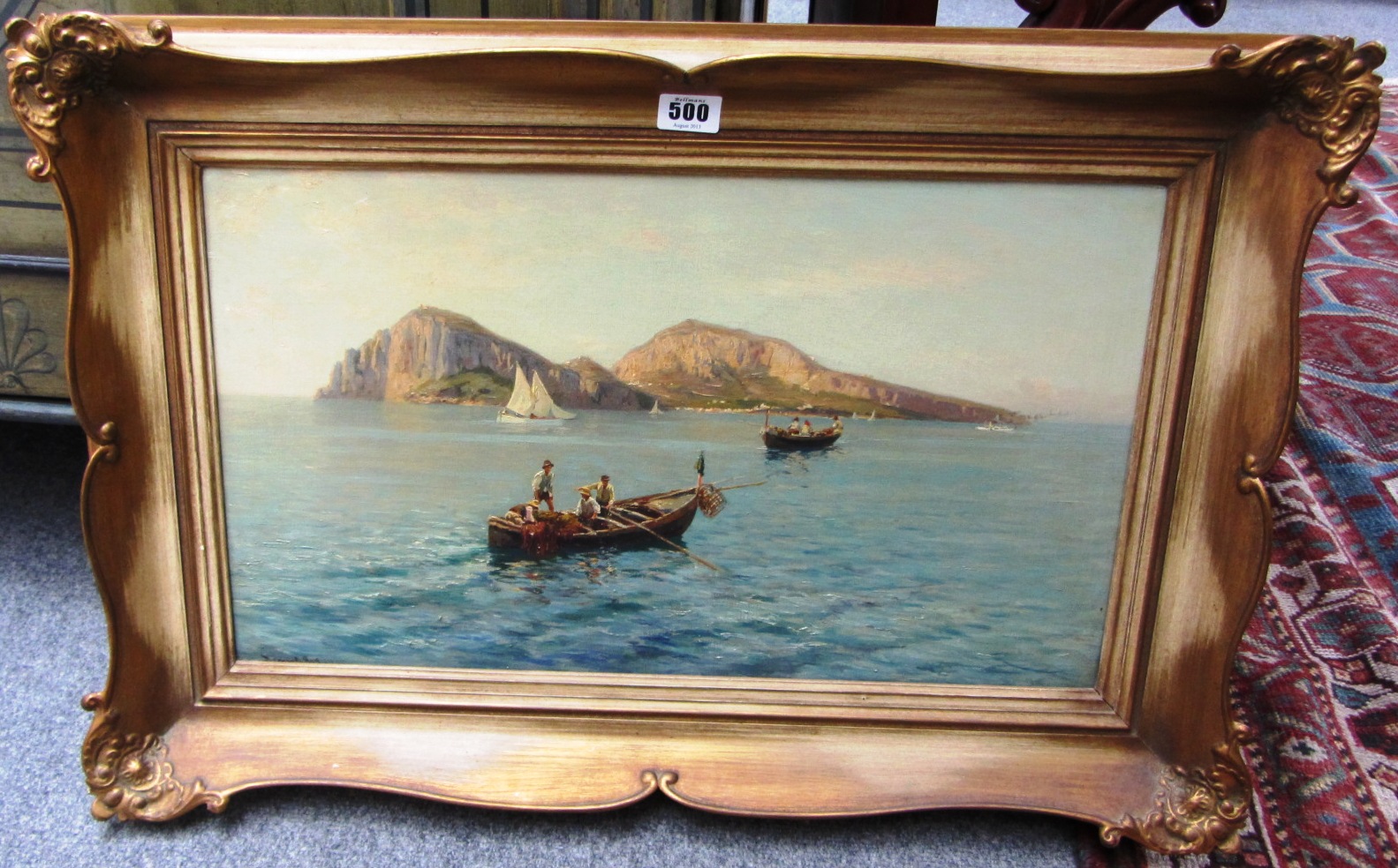 Appraisal: Bernardo Hay - Rowing boats approaching an island oil on