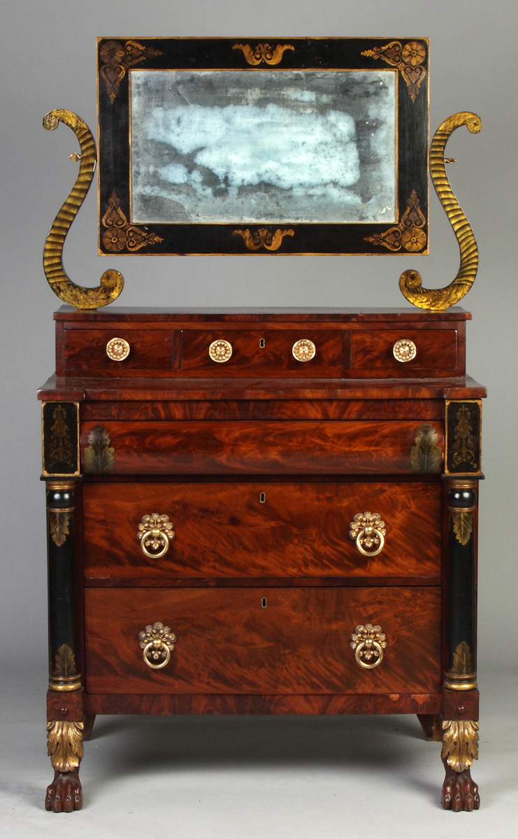 Appraisal: Classical Empire Mahogany Stenciled Chest of Drawers w Mirror Ebonized