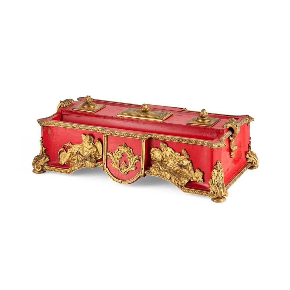 Appraisal: REGENCY RED LACQUER AND ORMOLU MOUNTED LARGE DESK STAND EARLY