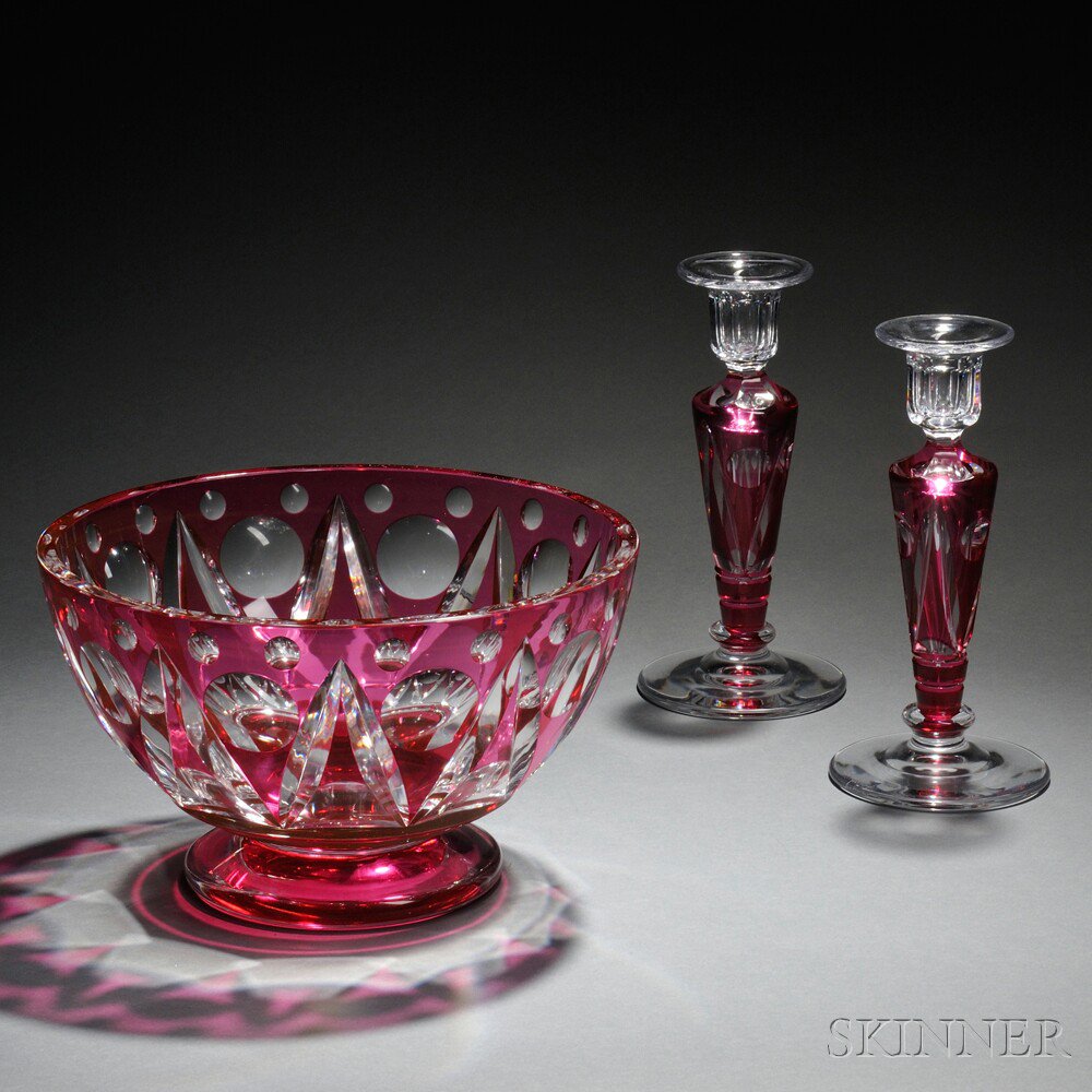 Appraisal: Three Pieces of Val Saint Lambert Cranberry Cut-to-Clear Crystal Belgium