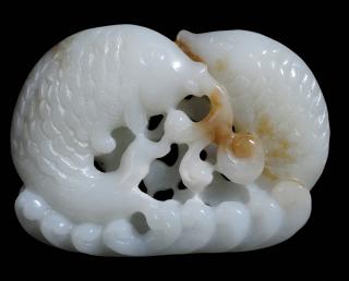 Appraisal: Carved White Jade Double Fish Pendant Chinese finely carved depicting