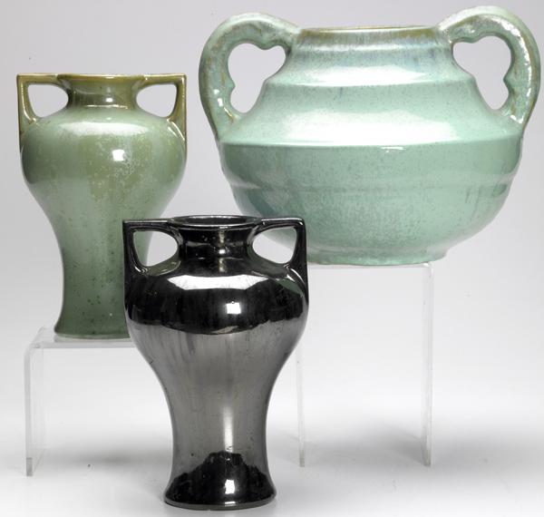 Appraisal: FULPER Three vases two in turquoise crystalline one in Mirror