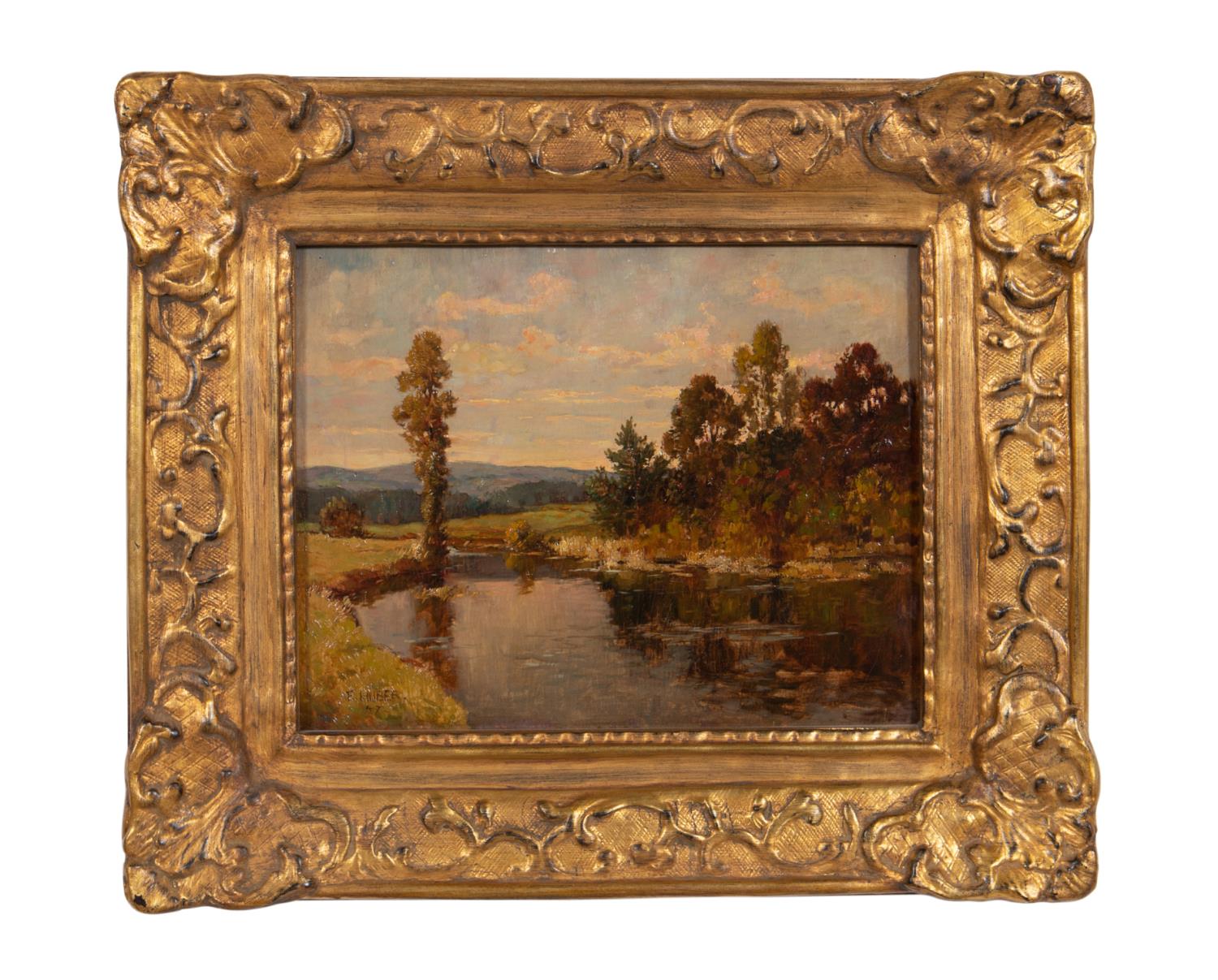 Appraisal: F HUBER SMALL LANDSCAPE IN GILT FRAME SIGNED F A