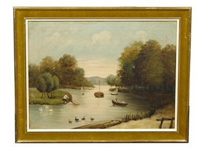 Appraisal: An oil on canvas lake scene with boats and ducks