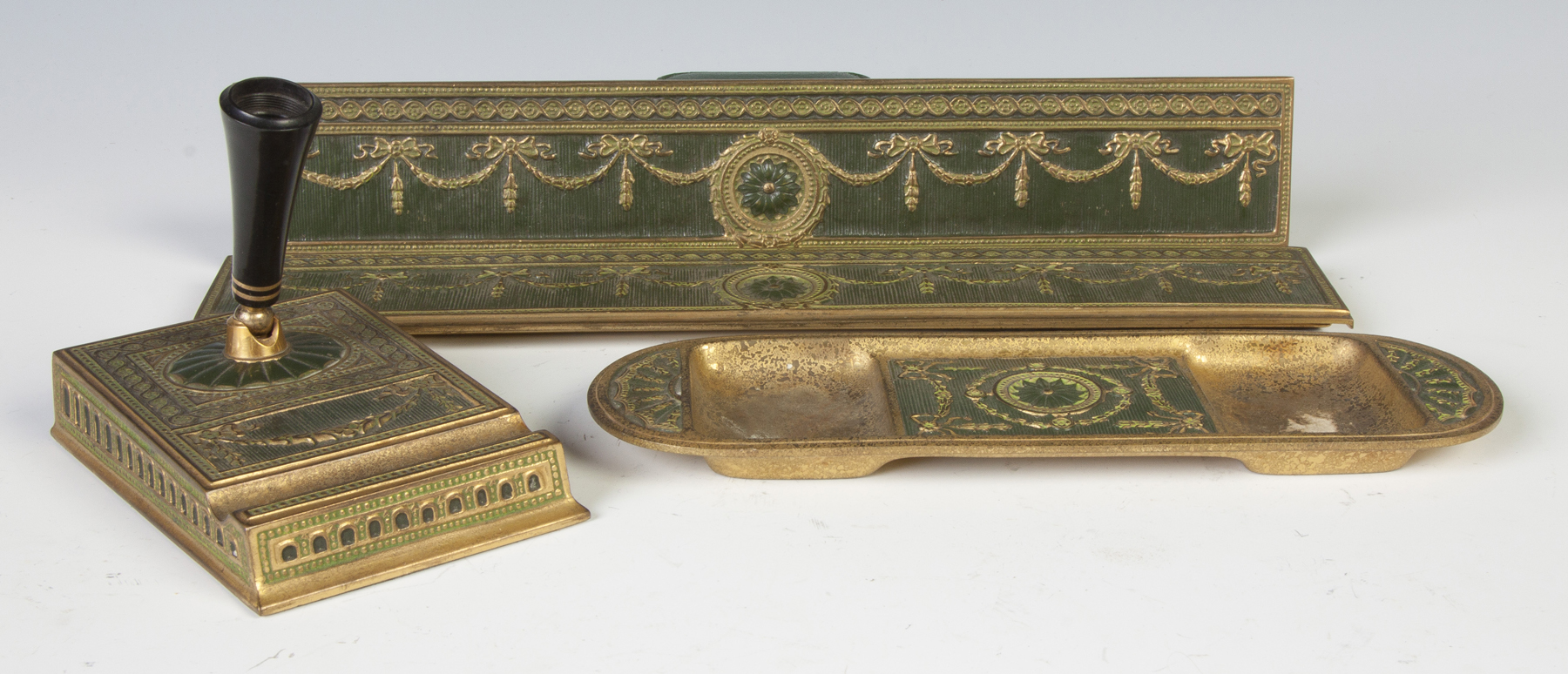 Appraisal: Tiffany Studios NY Bronze Enameled Desk Set Sgn Tiffany Studios