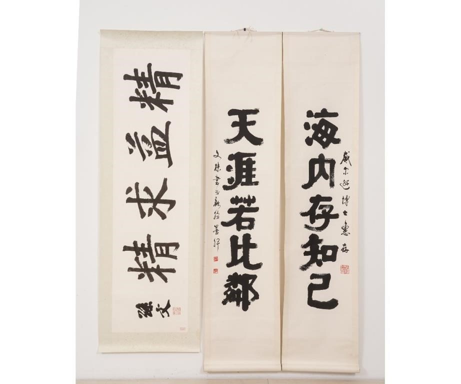 Appraisal: Three Chinese calligraphy scrolls with artist signature Largest x oa